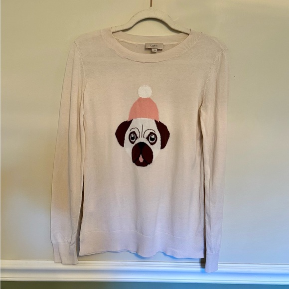 Loft Outlet Women's Cream Sweater with Pug Design Size Medium - Picture 3 of 9
